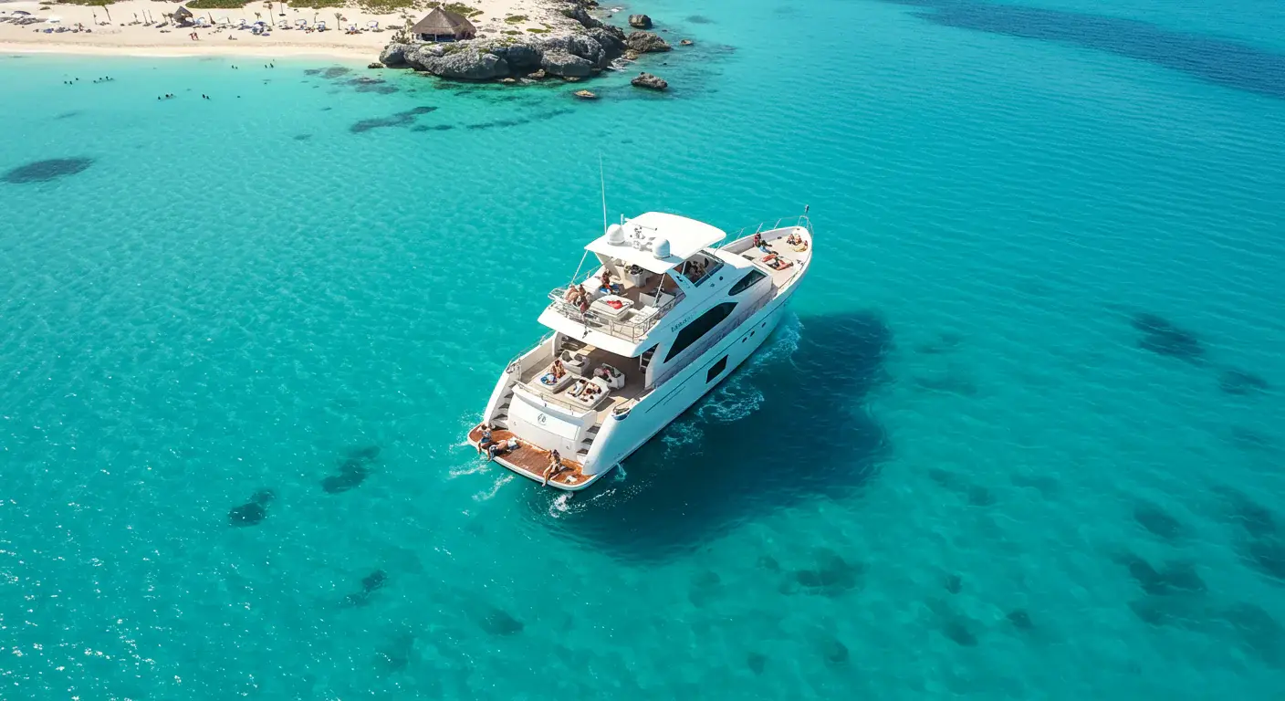 A luxurious yacht cruising through the clear waters, showcasing the Best Yacht Tours in Cancun.