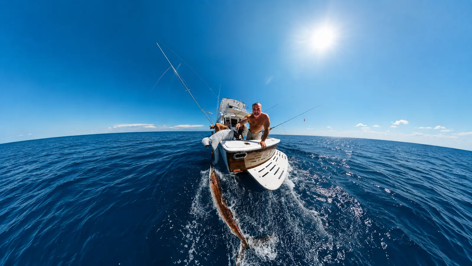 Fisheye view of an angler fighting a billfish from the stern of the sportfishing yacht under a bright sun