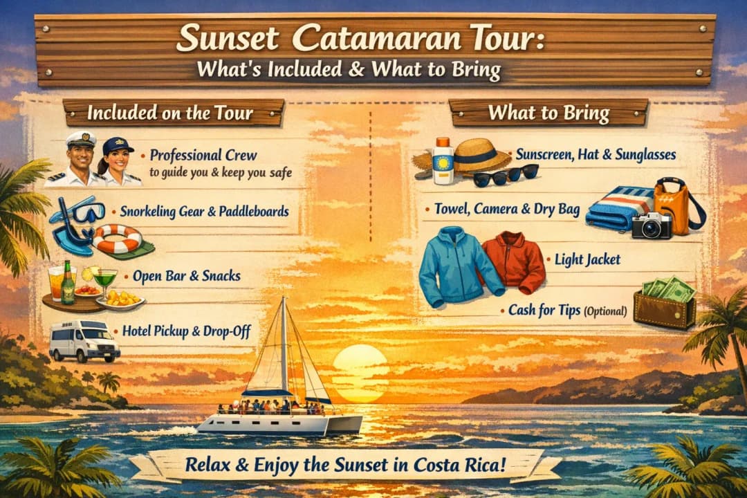 Landscape infographic of a Costa Rica sunset catamaran tour with inclusions and what to bring.