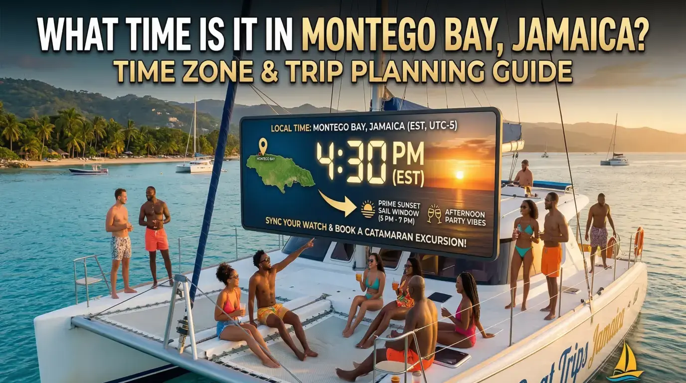 Catamaran guests by a sign showing Montego Bay local time, 4:30 PM EST (UTC-5), and a 5–7 PM sunset sail window