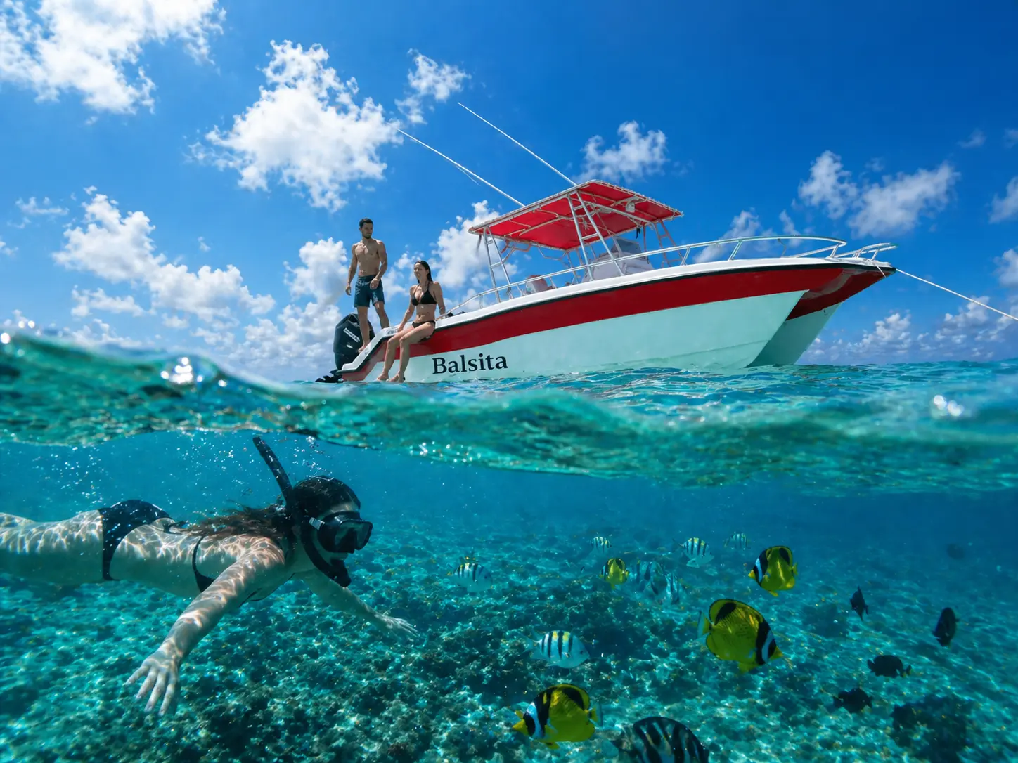 Over-under view of a snorkeler among fish below a speedboat with a red canopy