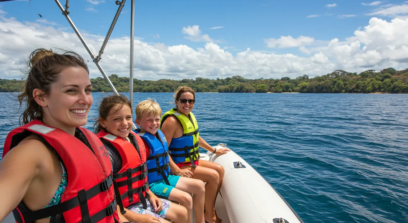Two women and two kids in life jackets smiling on an inflatable boat off a forested Costa Rica shore