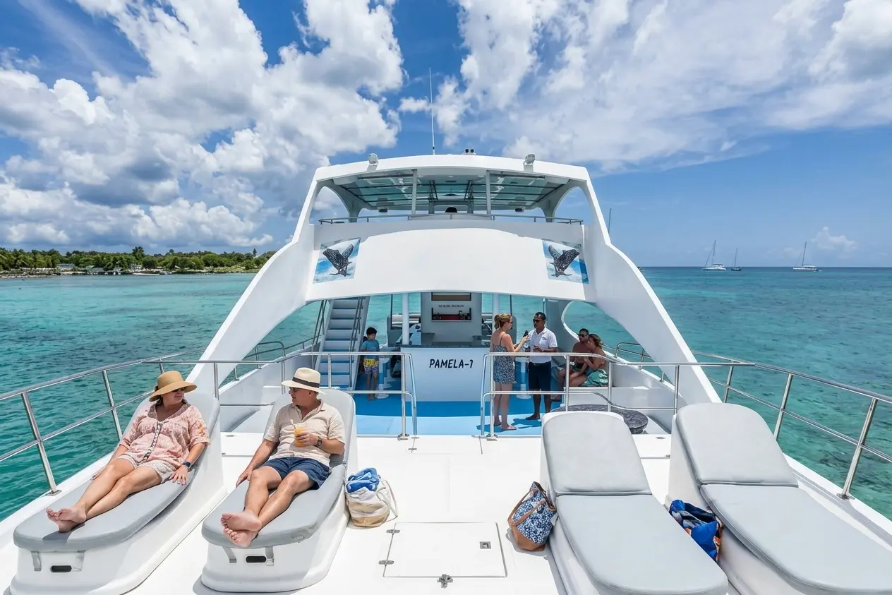 Two guests in sun hats lounging on the foredeck of a large power catamaran in turquoise water