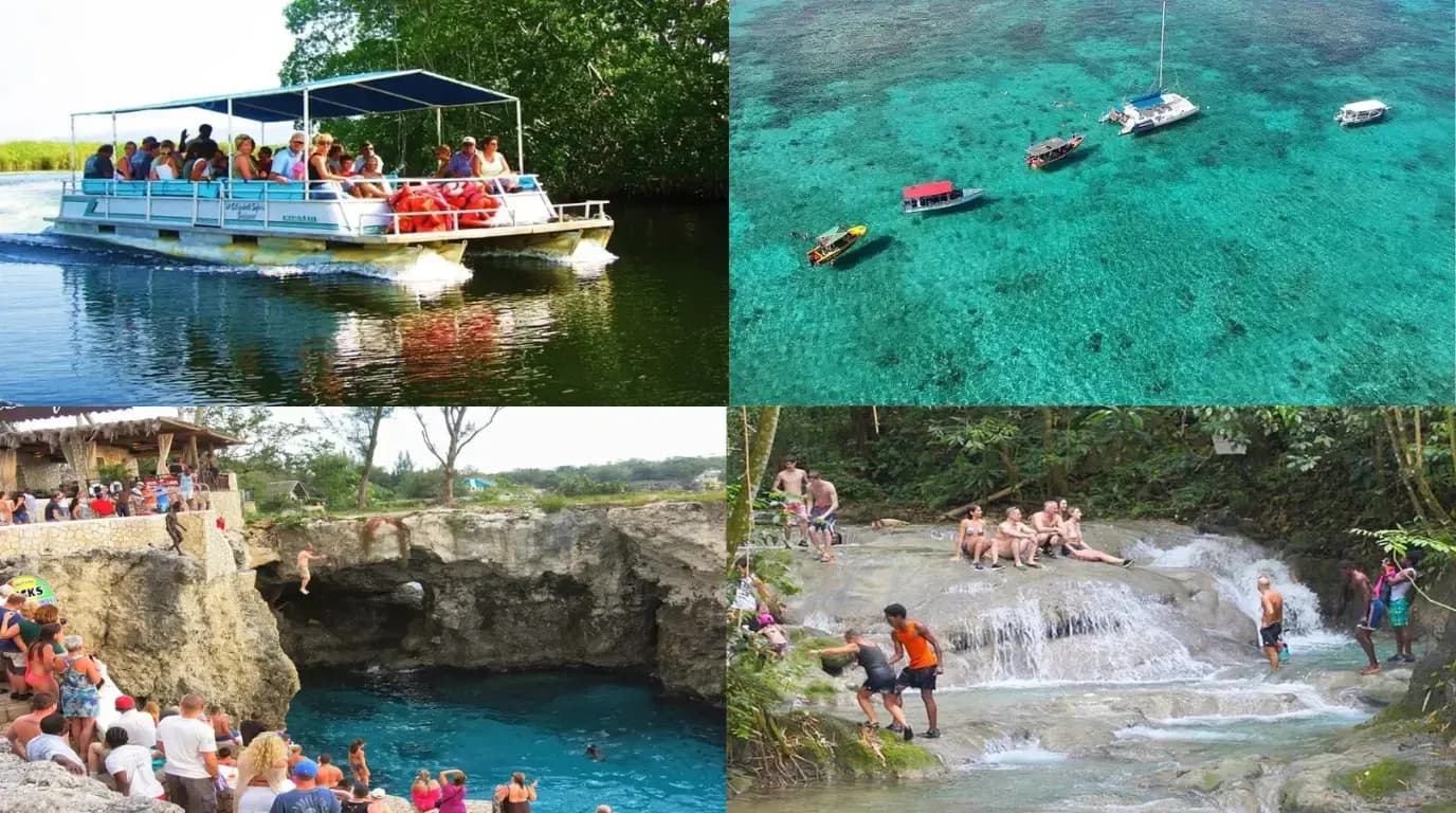Collage of a covered river boat, a catamaran over a turquoise reef, cliff jumping and waterfall climbing in Negril