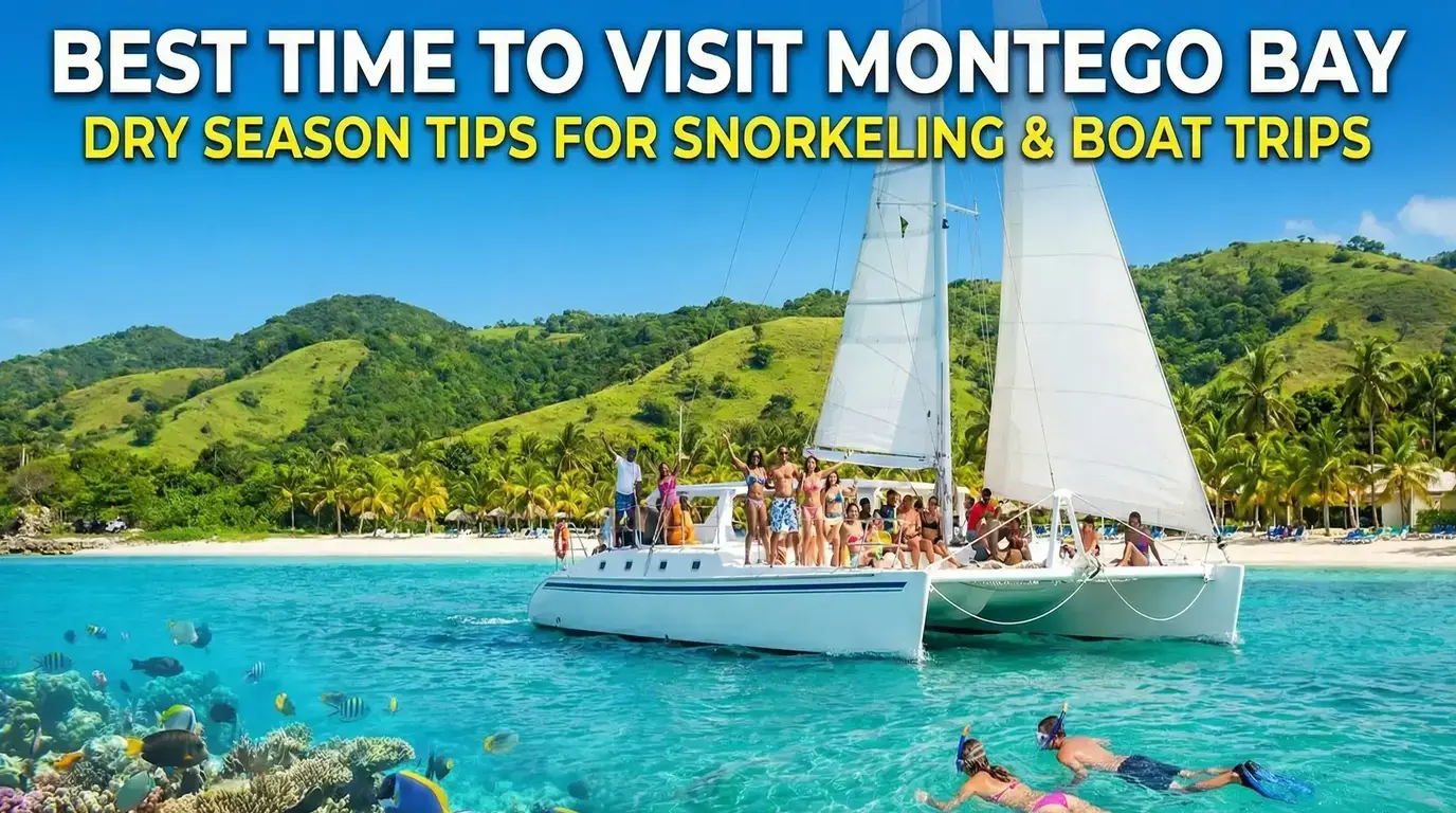 Guests waving from a sailing catamaran off a palm-lined Montego Bay beach as snorkelers swim over a coral reef