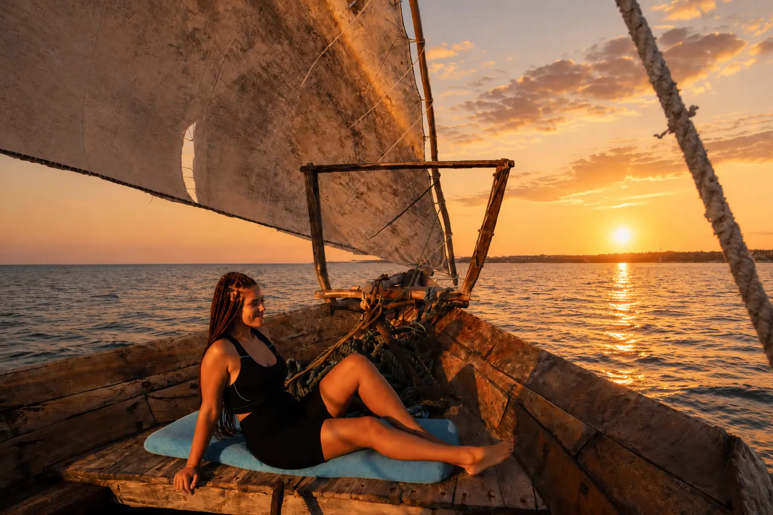 Woman in a black swimsuit lounging on a cushion at the wooden bow of a dhow as the sun sets off Kendwa