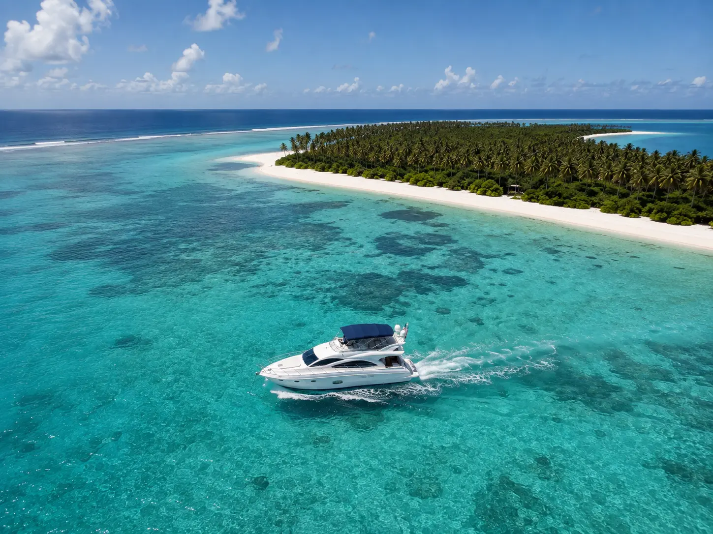 Aerial view of a motor yacht cruising toward a palm-covered Saona Island shore