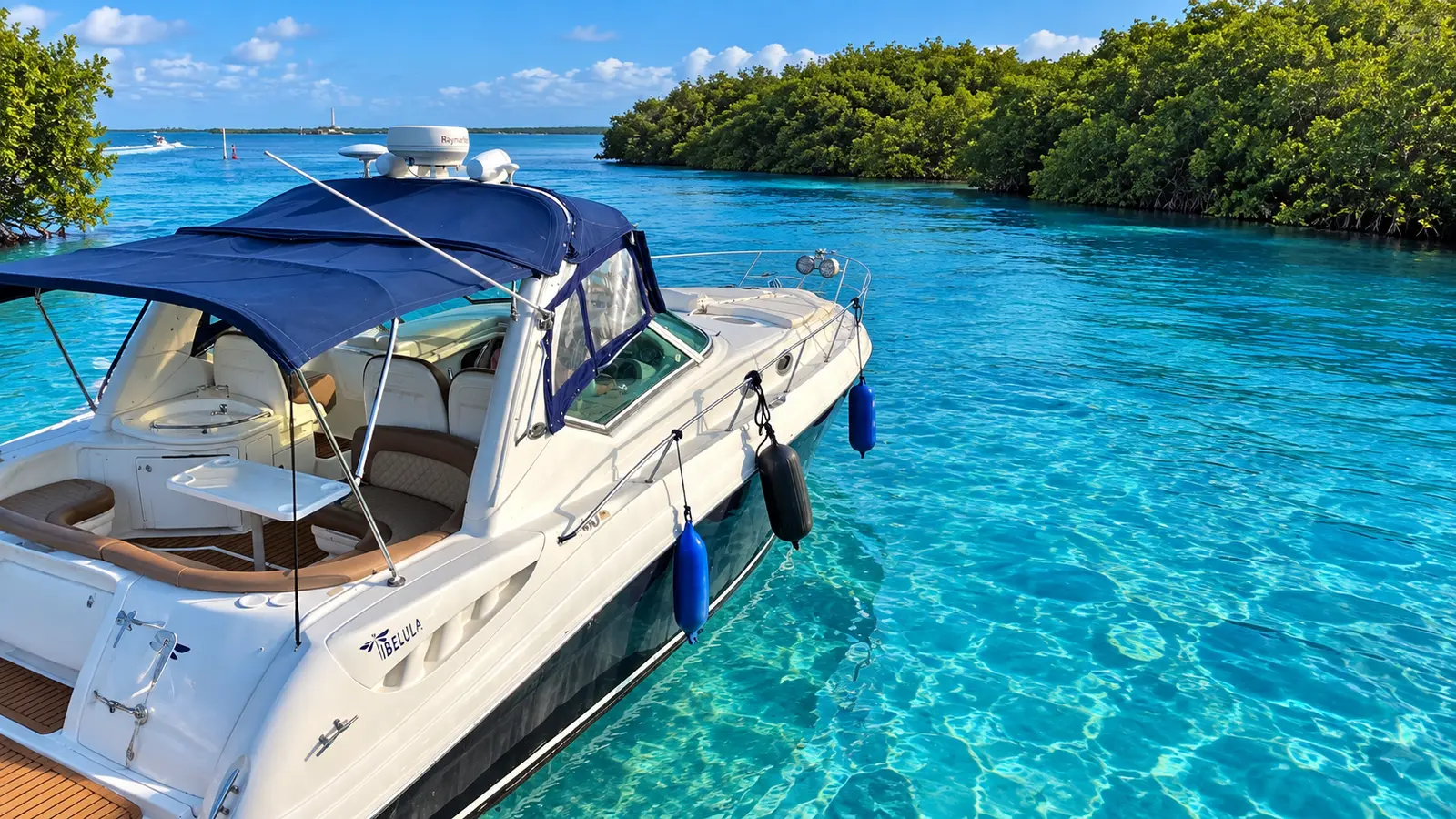Motor yacht with a navy bimini anchored in clear turquoise water beside mangroves in Cancún