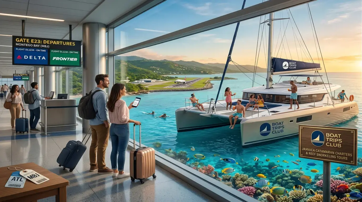 Couple with suitcases at a gate for Montego Bay, with a runway, catamaran and coral reef beyond the window