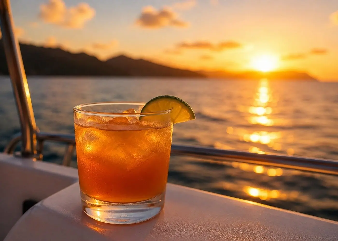 Iced amber cocktail with a lime wedge on the boat's rail as the sun sets over the water
