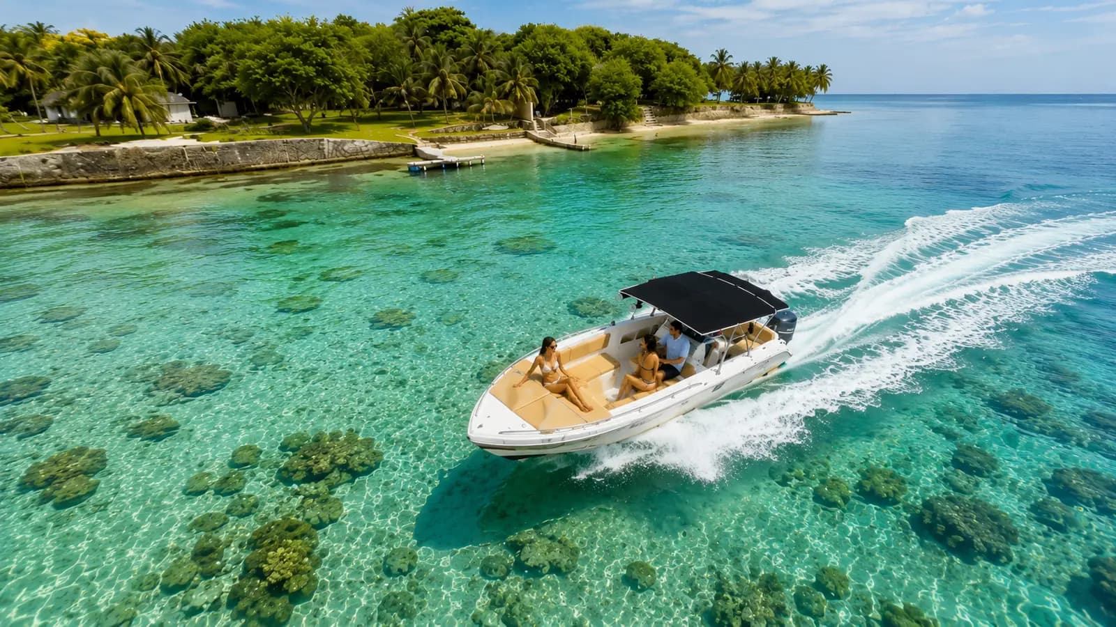 Speedboat with a black hardtop racing over clear reef shallows past a palm-fringed island in the Rosario Islands