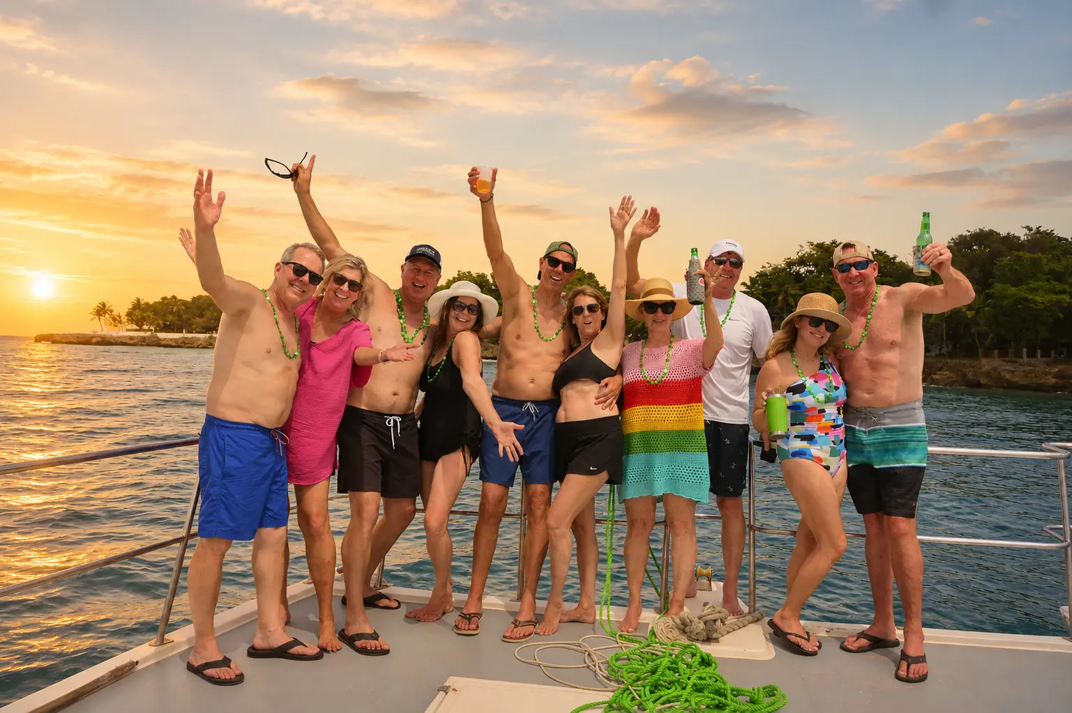 Group of guests cheering with arms raised on a catamaran deck at sunset off Puerto Plata