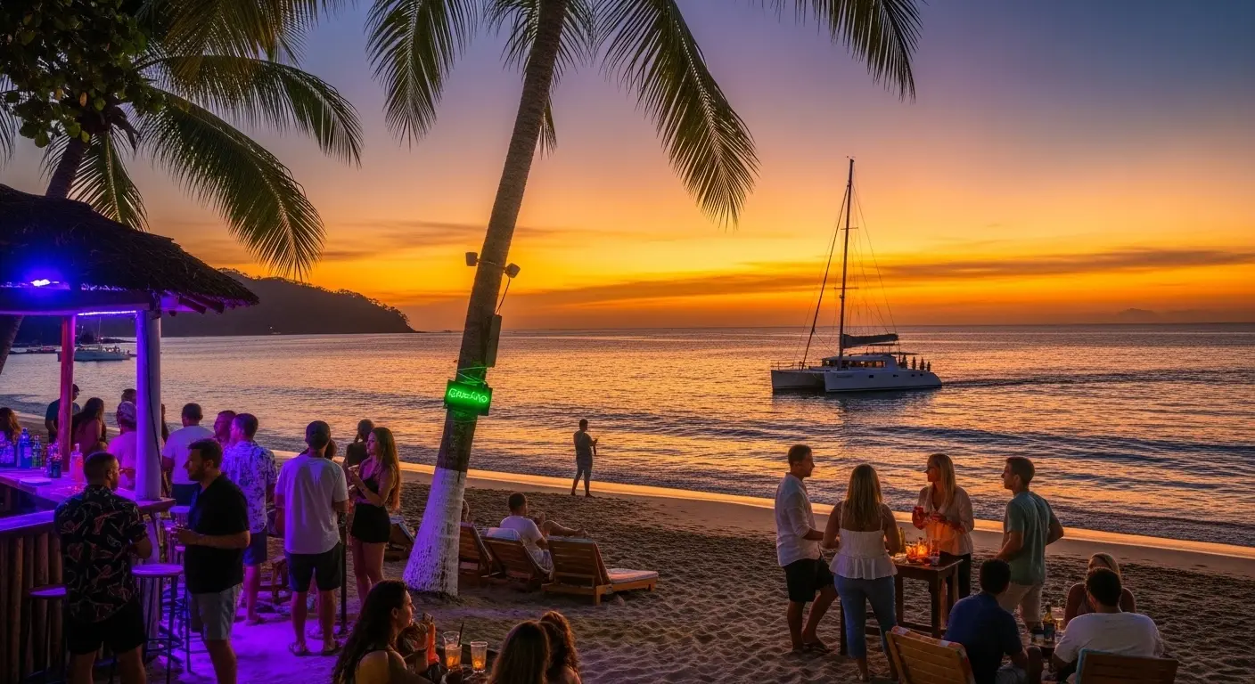 People with drinks at a neon-lit beach bar under palms in Tamarindo at sunset, a sailing catamaran offshore