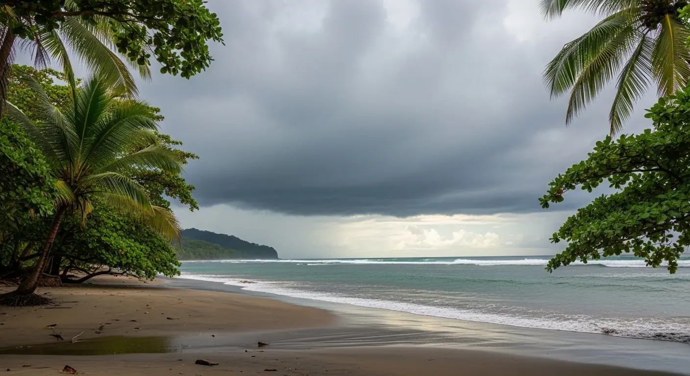 Dark rain clouds gathering over an empty palm-fringed beach on the Costa Rica coast