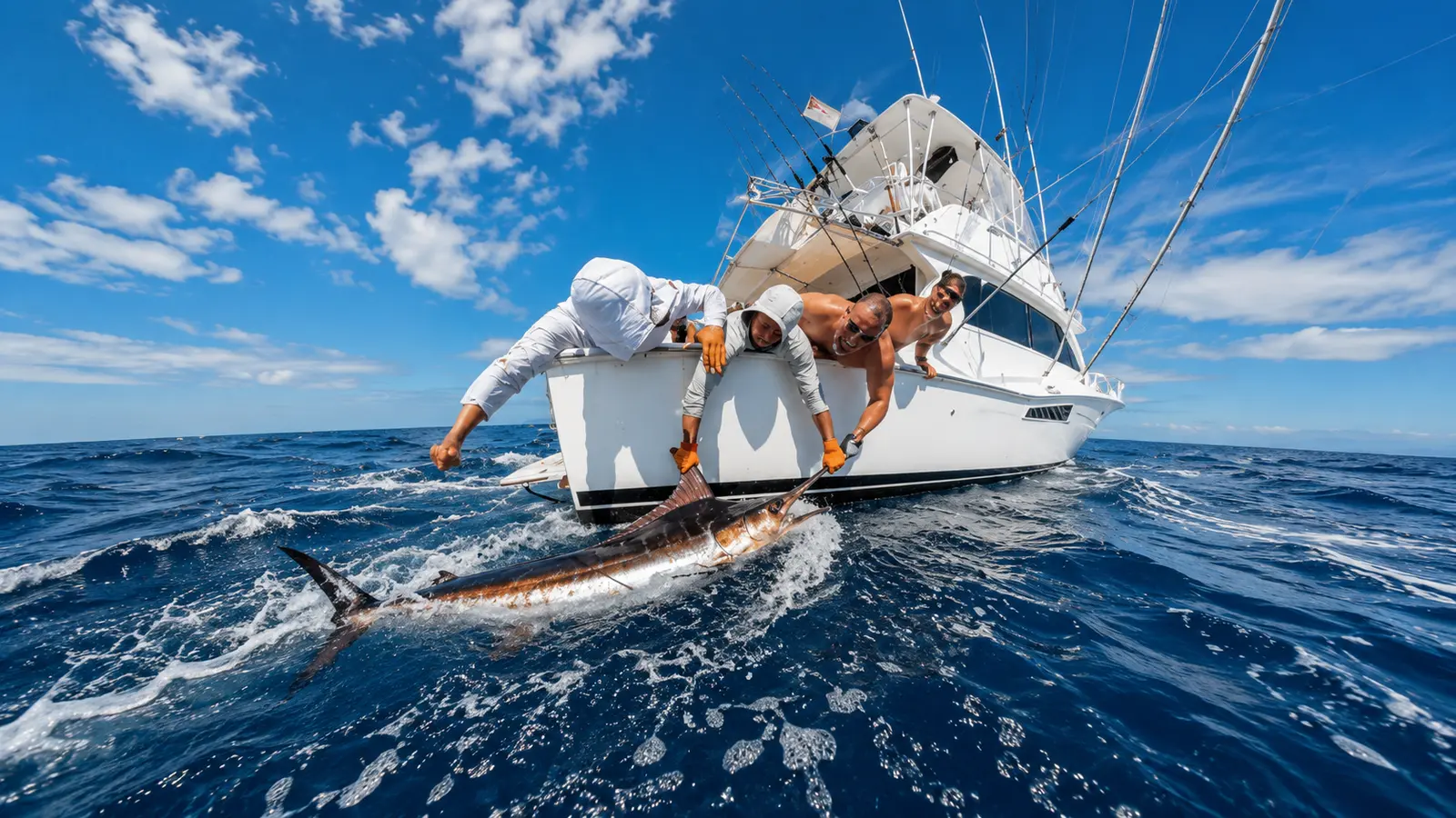 Two men lean over the transom to grab a billfish by the bill beside the sportfishing yacht
