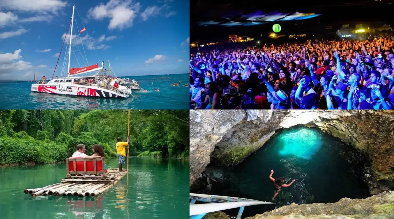 Swimmers by a catamaran, a night concert, a couple on a bamboo river raft and a blue cave pool in Jamaica