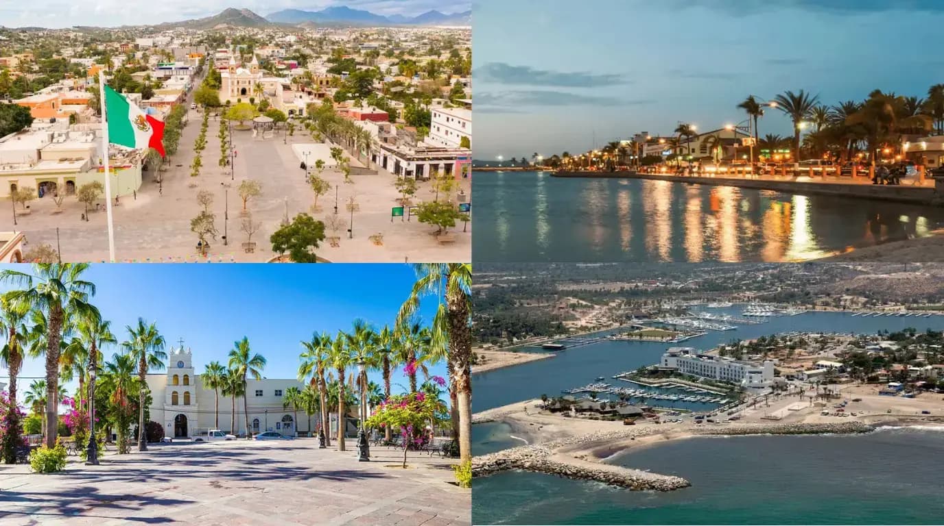 Baja towns: a plaza with a Mexican flag, a mission church among palms, a seafront at dusk and a marina