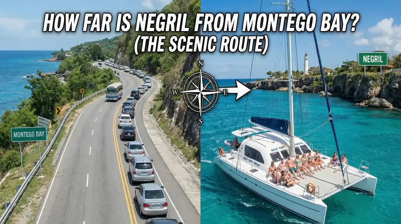 Split view of traffic on a coastal highway and guests on a catamaran passing cliffs and a lighthouse at Negril
