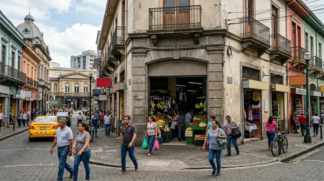 things to do in San Jose Costa Rica Historic downtown San José Costa Rica near Mercado Central with local market stalls, colonial buildings, and people walking along the city streets.