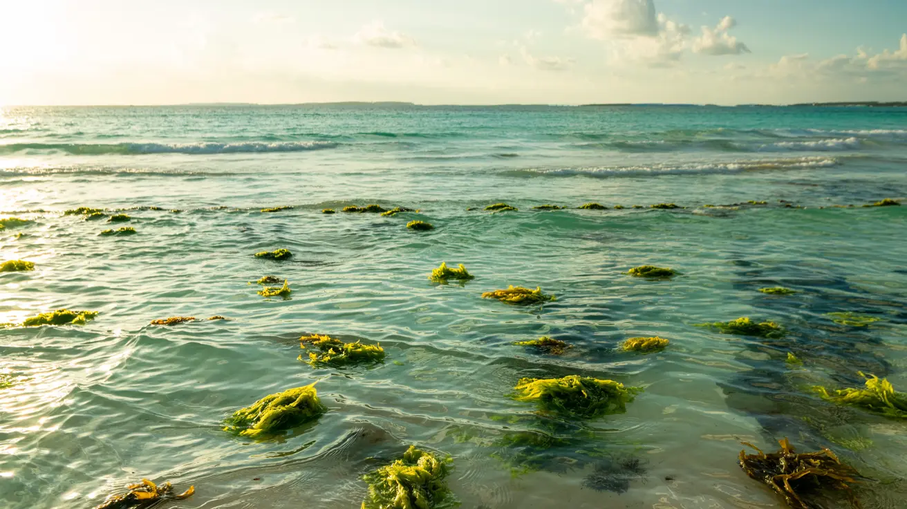 Patches of green seaweed floating in clear turquoise water along the Cancun shoreline at sunset.