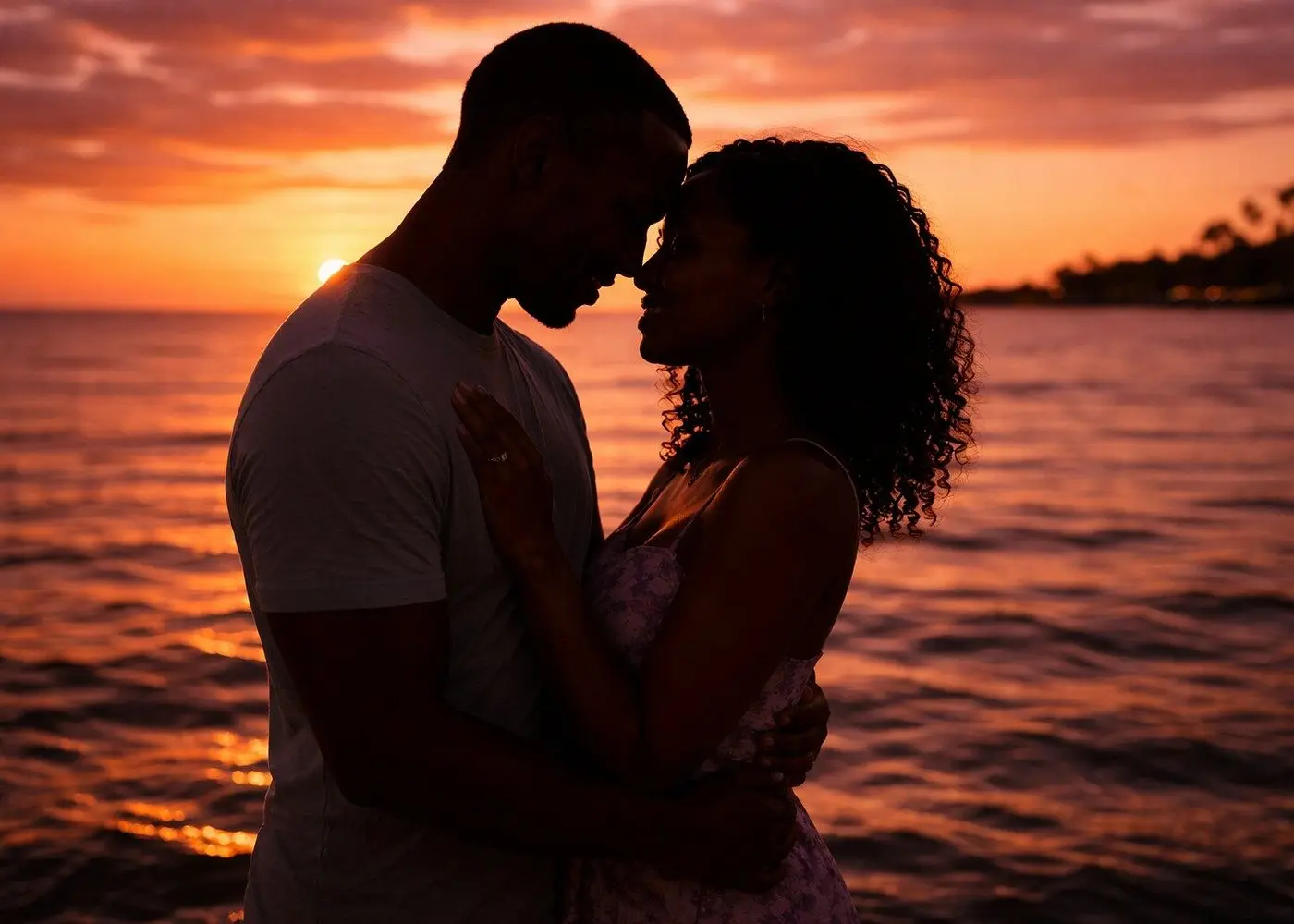 Silhouette of a couple touching foreheads against a glowing orange sky over the water