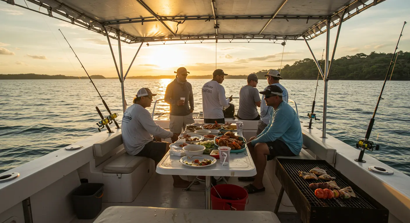 Group enjoying Costa Rica fishing on an open-air catamaran with BBQ setup onboard.