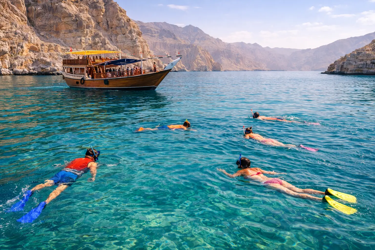 Snorkelers with fins swimming in clear turquoise water near an anchored dhow in the Musandam fjords