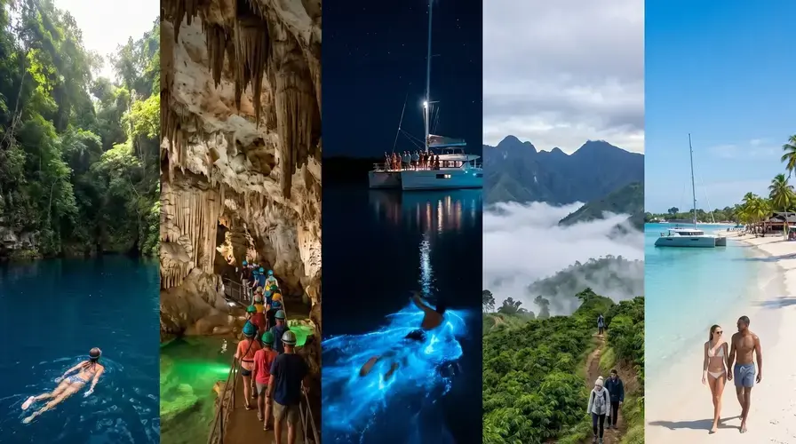 Collage of a lagoon swim, cave tour, catamaran on a glowing night bay, mountain hike and beach walk in Jamaica
