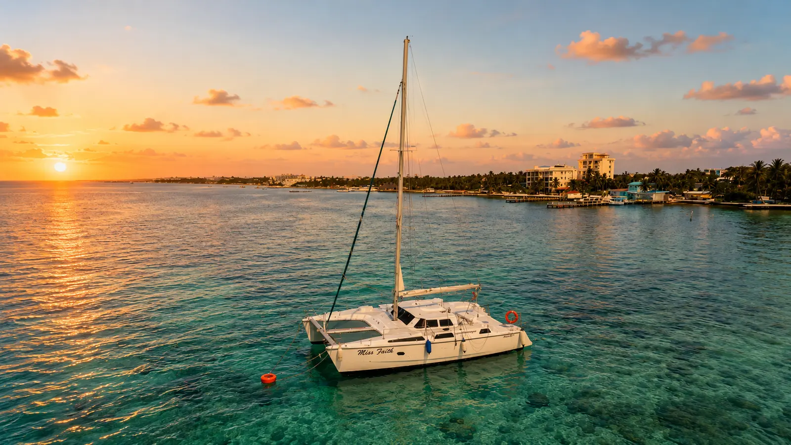 Sailing catamaran anchored in clear water off a palm-lined Belize shore at sunset