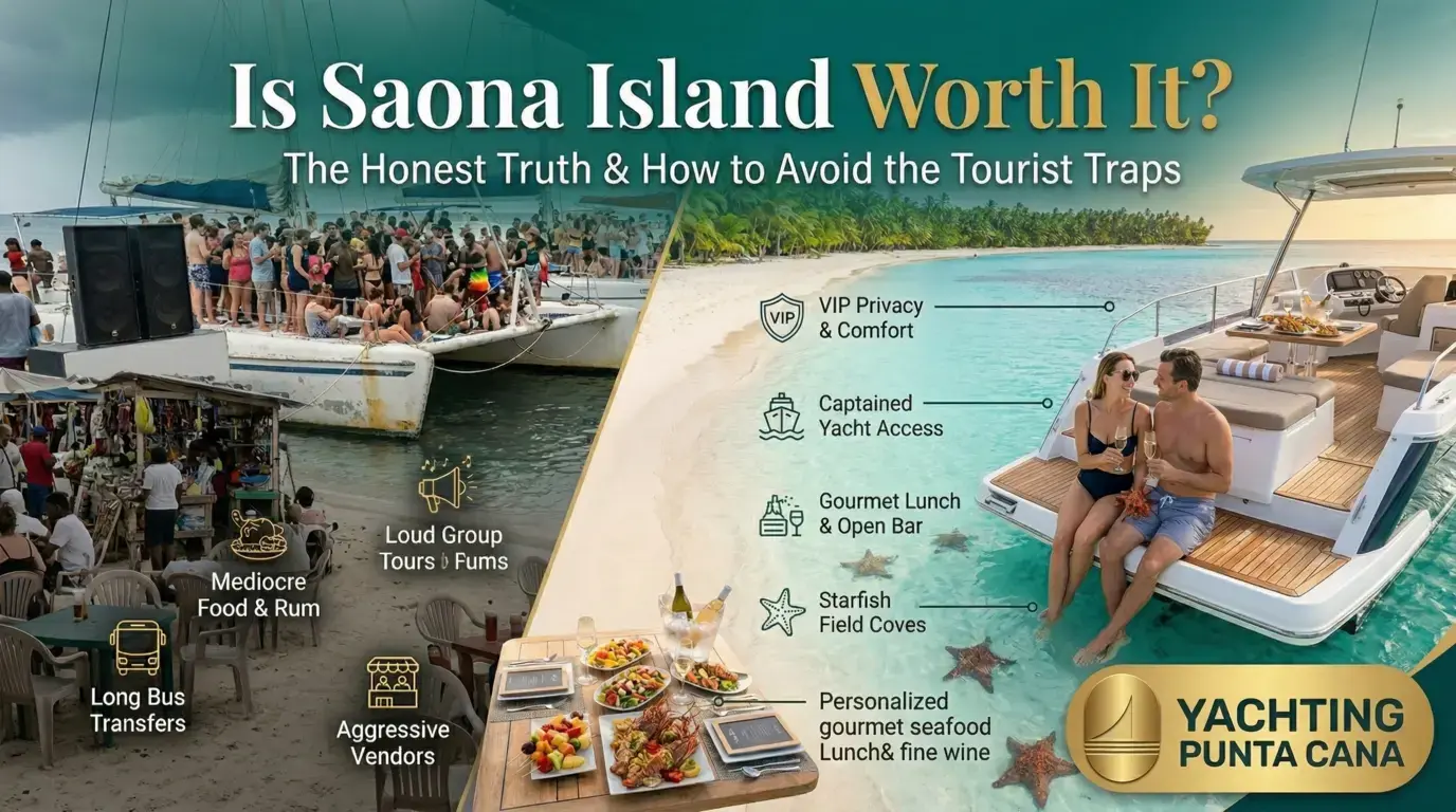 Graphic contrasting crowded Saona Island catamarans and vendors with a couple on a private yacht by starfish