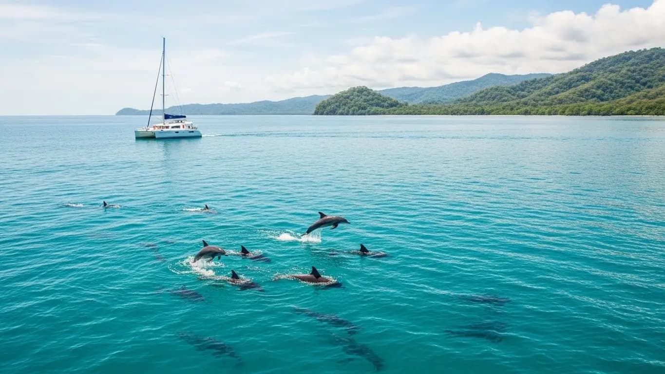 Pod of dolphins leaping in turquoise water near an anchored catamaran off Costa Rica's forested coast