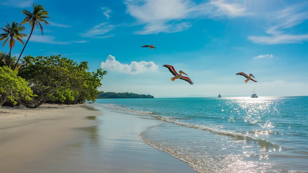 A serene beach scene with clear blue waters, palm trees, and pelicans flying over the shore, while boats are visible in the distance.

