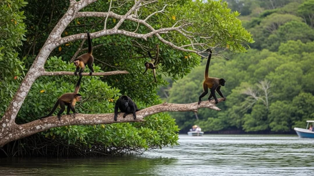 Tree-dwelling monkeys seen near mangroves during a Costa Rica wildlife boat tour.