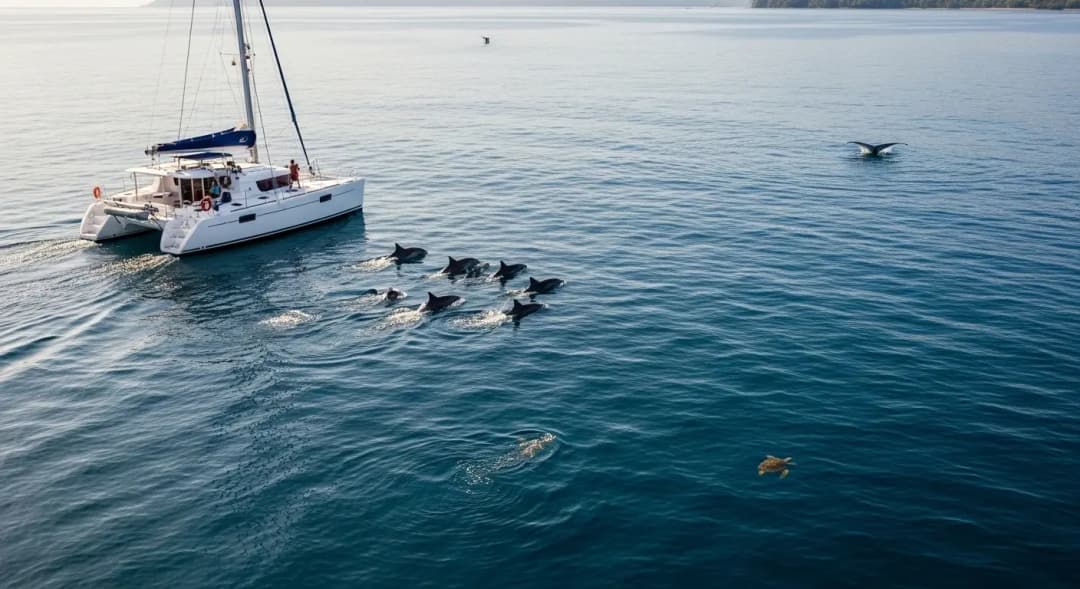 Catamaran cruising in Costa Rica with dolphins swimming nearby and calm ocean waters creating a natural wildlife viewing experience
