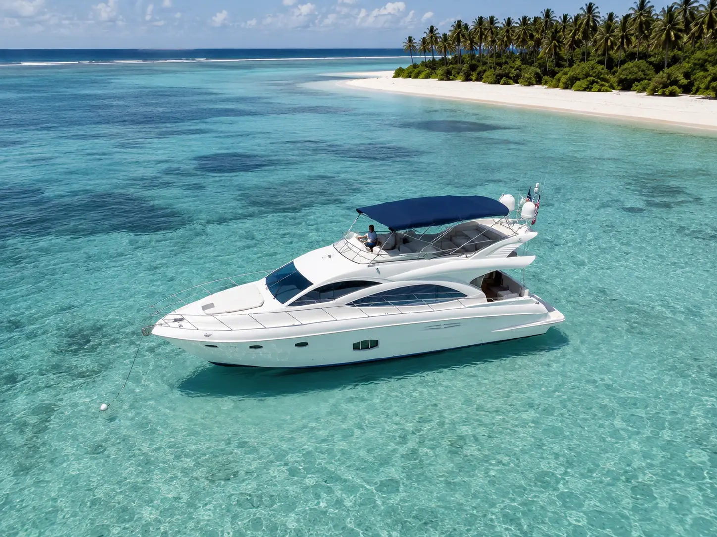 Flybridge motor yacht anchored in clear turquoise water off a palm-fringed Saona Island beach