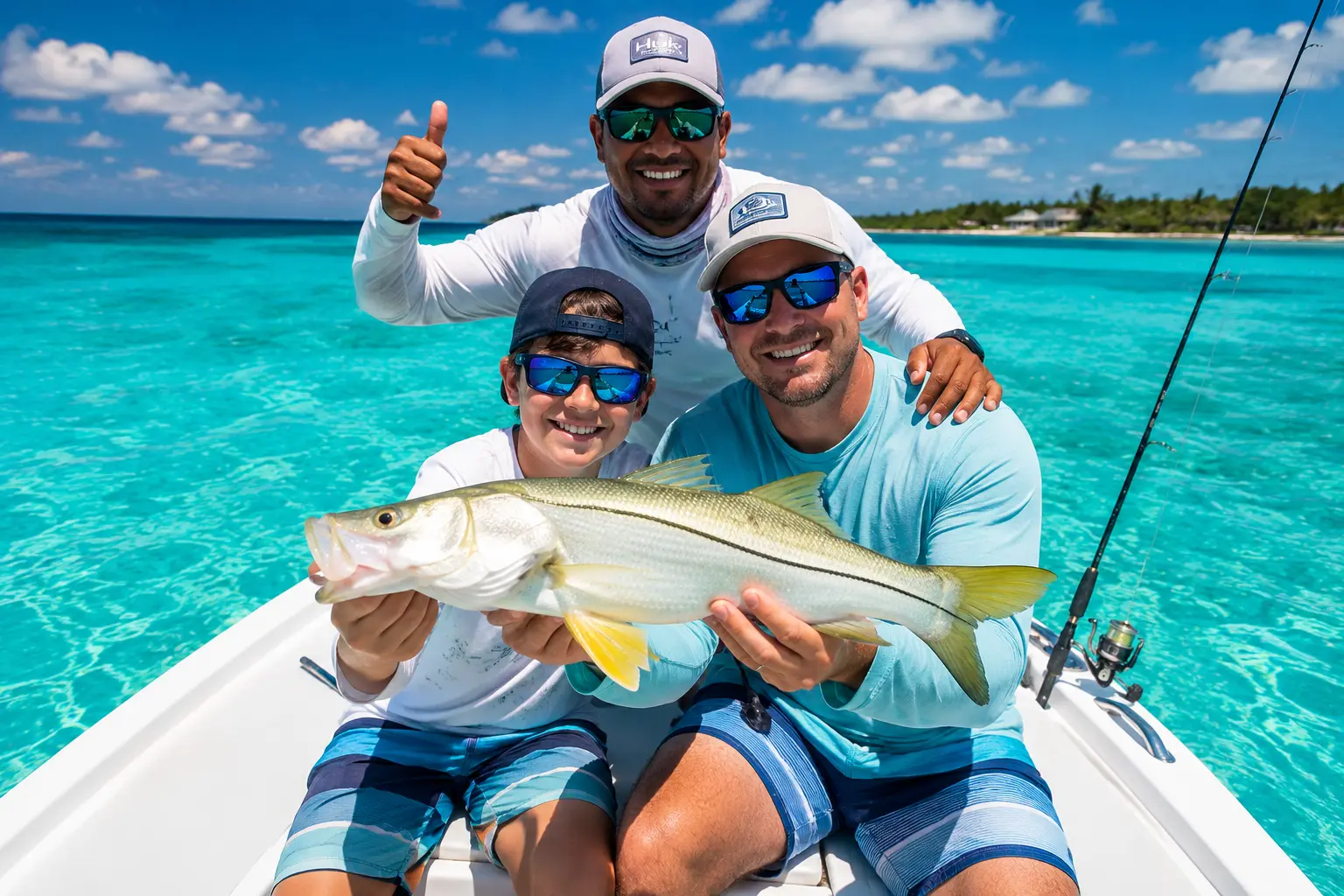 Boy and man showing off a snook on the bow over turquoise flats