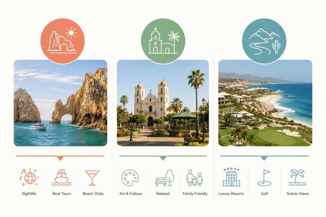 San José del Cabo vs Cabo San Lucas comparison infographic showing nightlife and boat tours, art and culture, and luxury resorts and golf.
