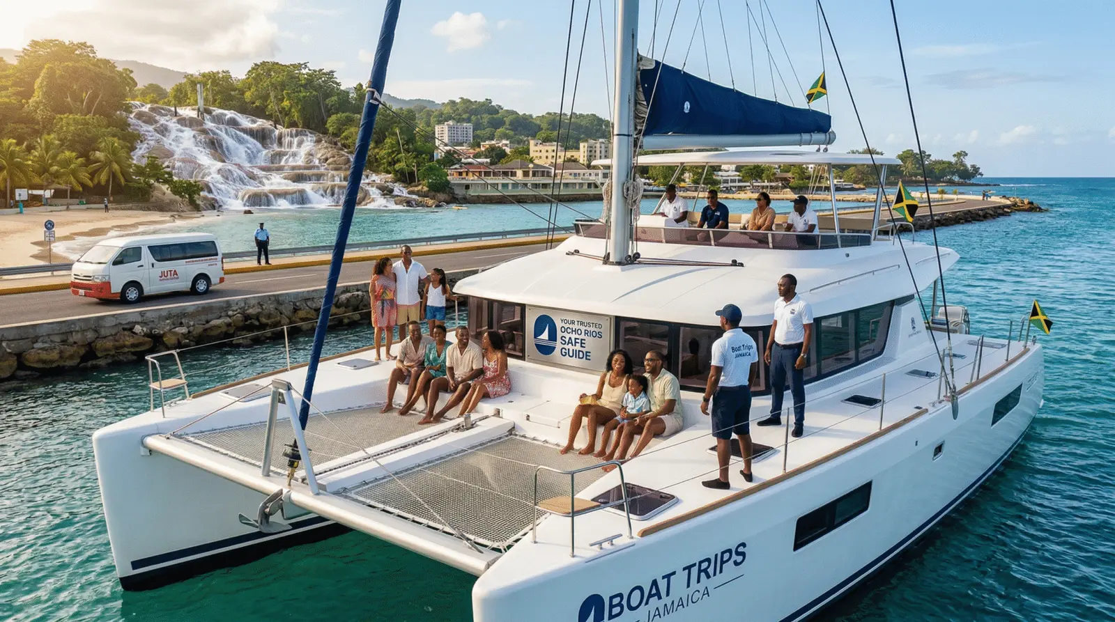 Guests and crew aboard a catamaran at an Ocho Rios seawall, with a terraced waterfall flowing onto the beach