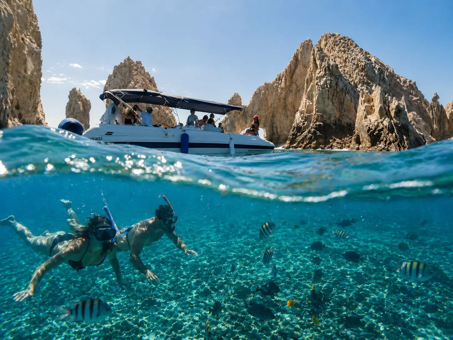 Two snorkelers swim among striped fish below the small yacht anchored by the Cabo San Lucas rocks