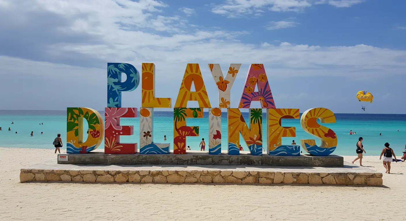 Colorful hand-painted Playa Delfines letter sign on white sand, with swimmers and a parasail over turquoise water