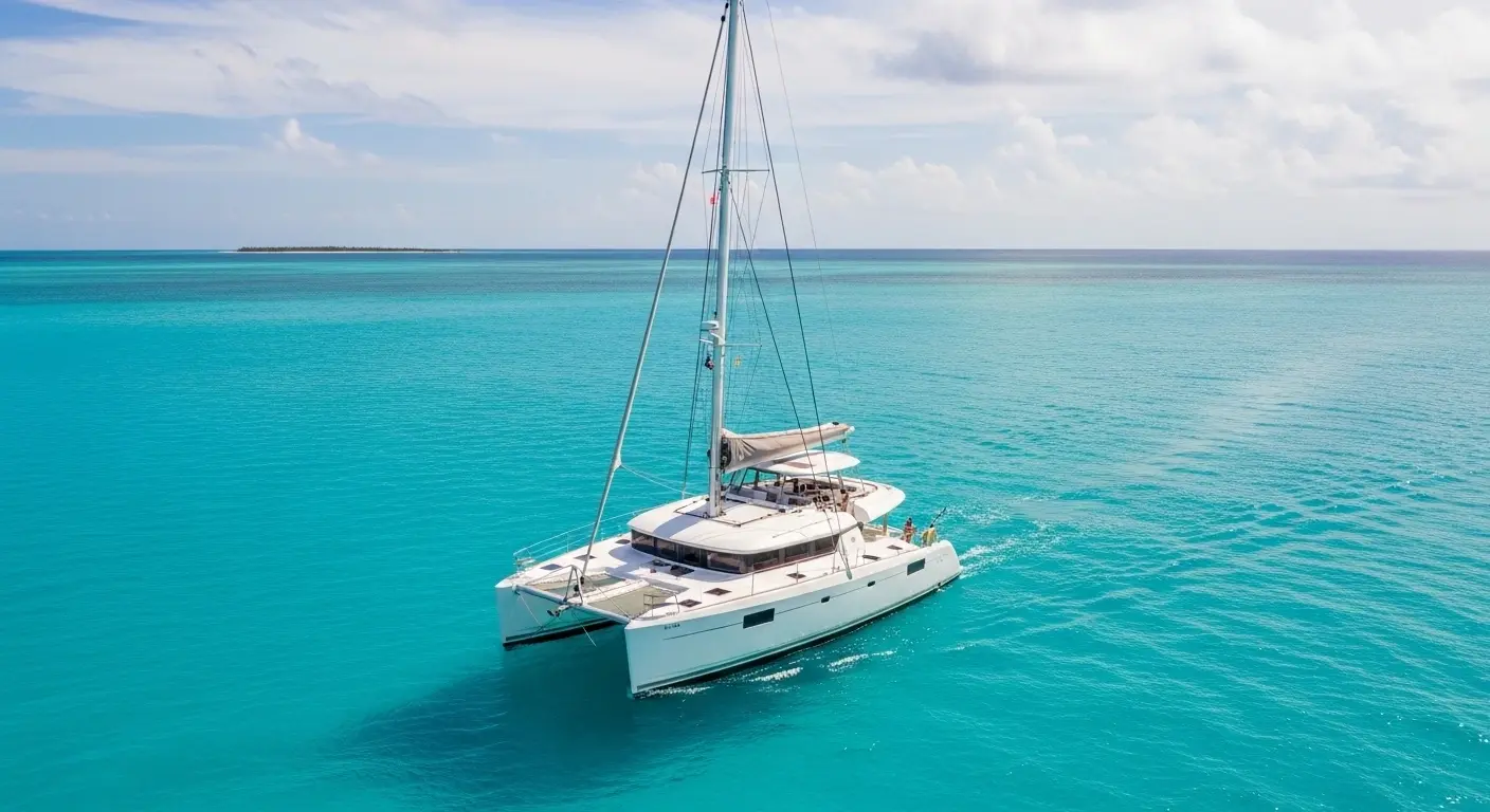 Cancun catamaran rental sailing in clear turquoise water with no people on board