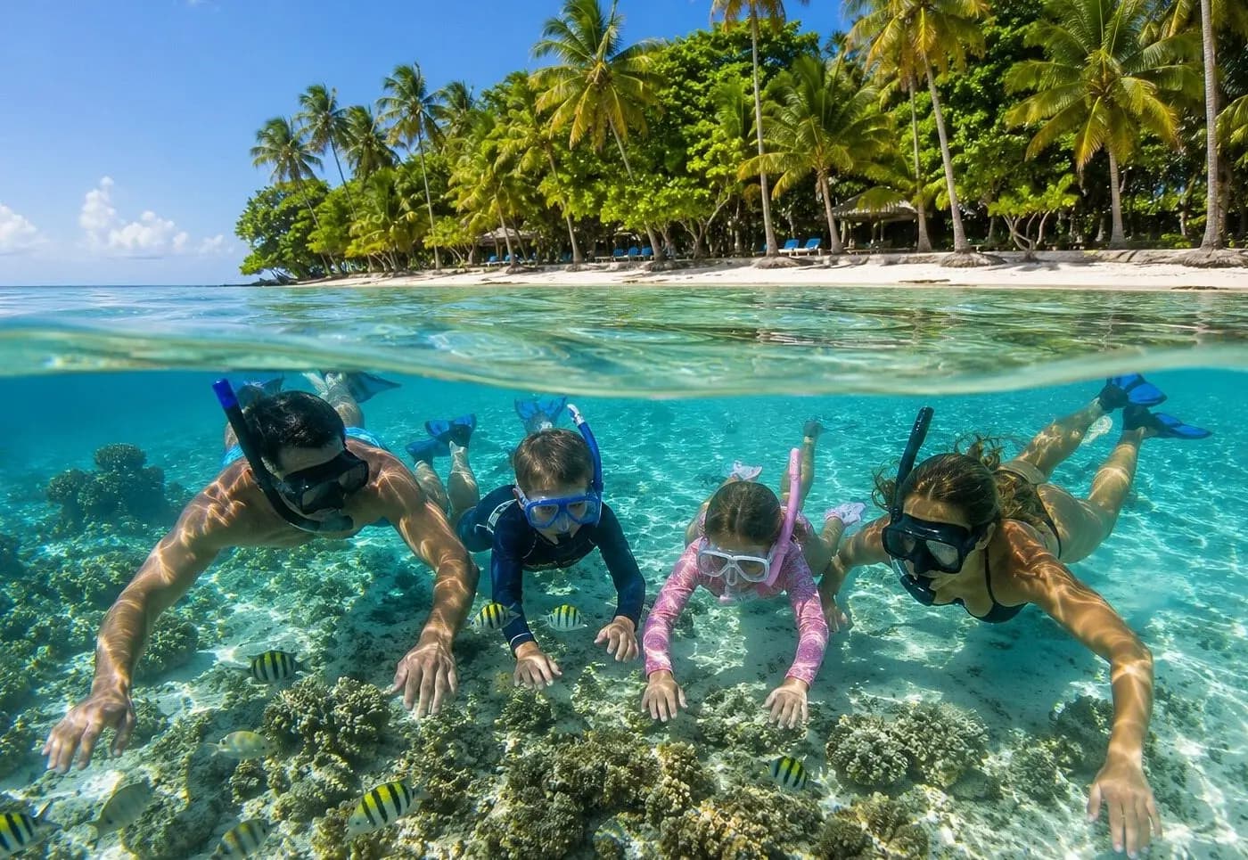 Split-level view of a family snorkeling over coral in clear shallows off a palm-lined Cayo Levantado beach