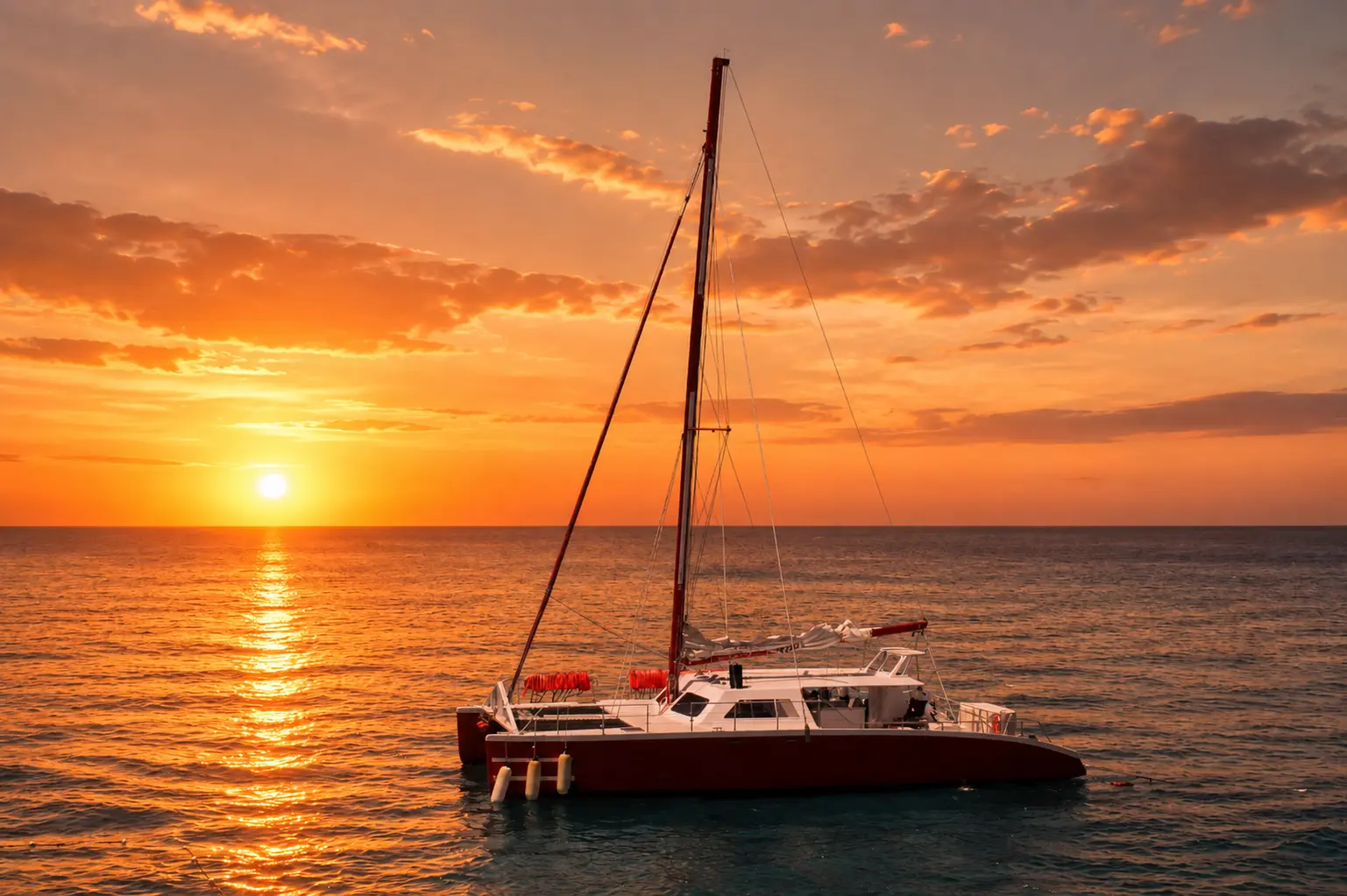 Red and white sailing catamaran on calm water as an orange sunset glows over Montego Bay