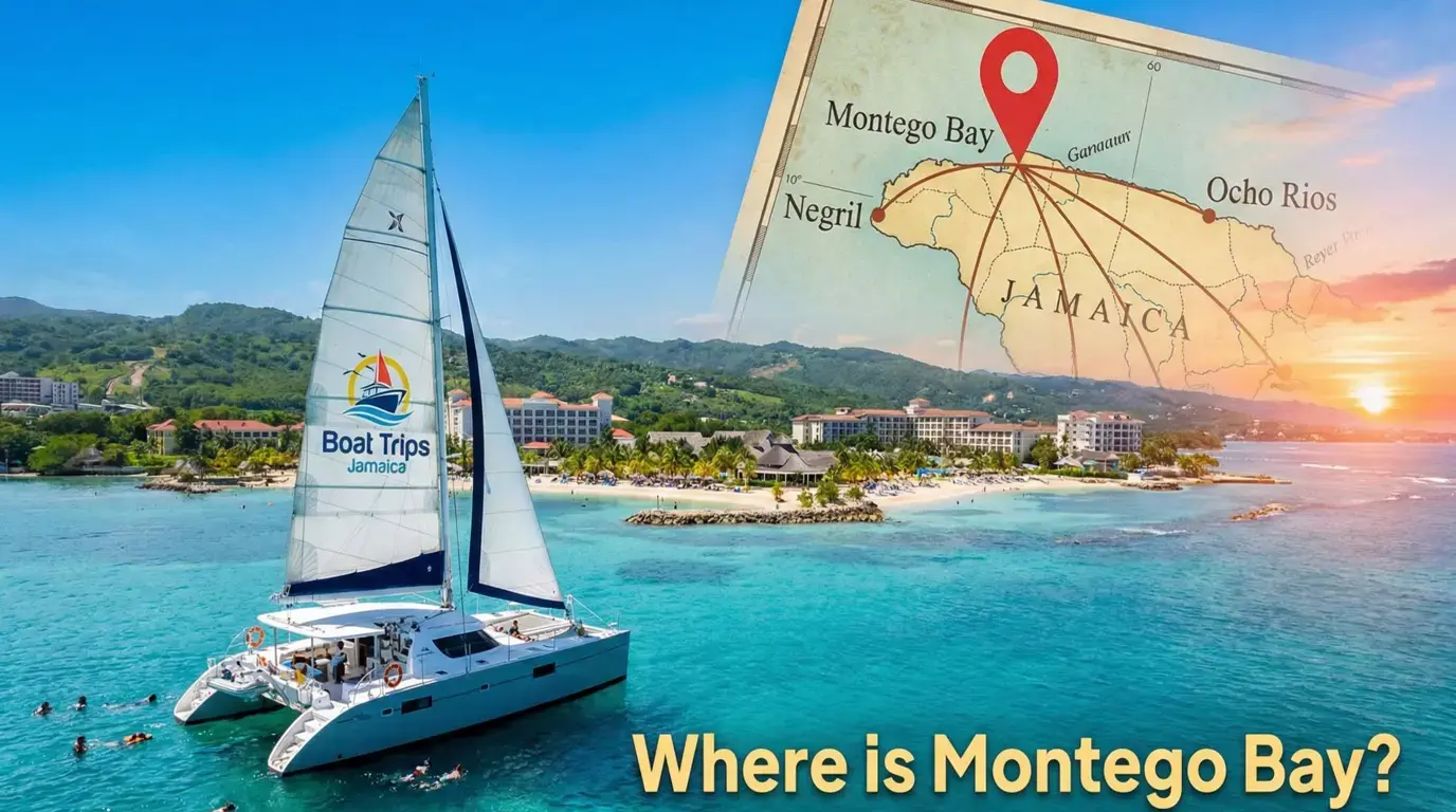 Catamaran and snorkelers off a resort beach, with a map pinning Montego Bay and routes to Negril and Ocho Rios