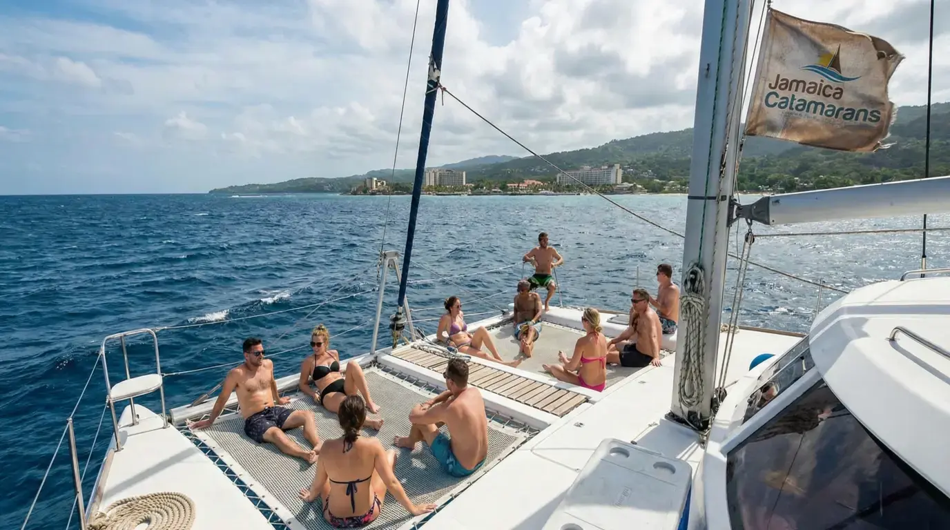 Guests in swimwear lounging on the net deck of a sailing catamaran off the Ocho Rios coastline