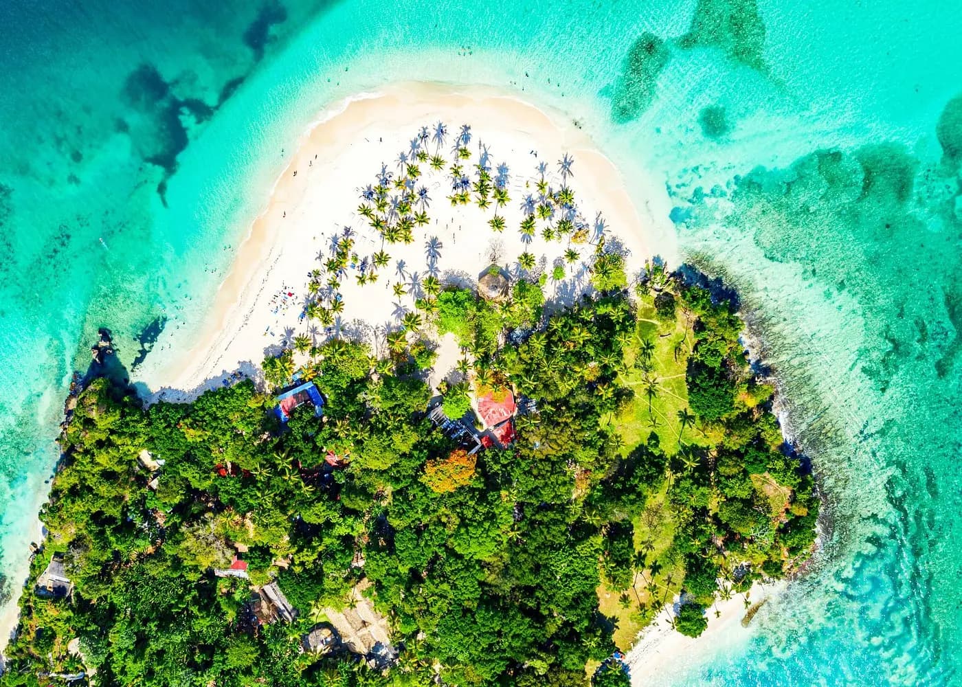 Top-down aerial view of Cayo Levantado's green forest and curving white beach ringed by turquoise reefs