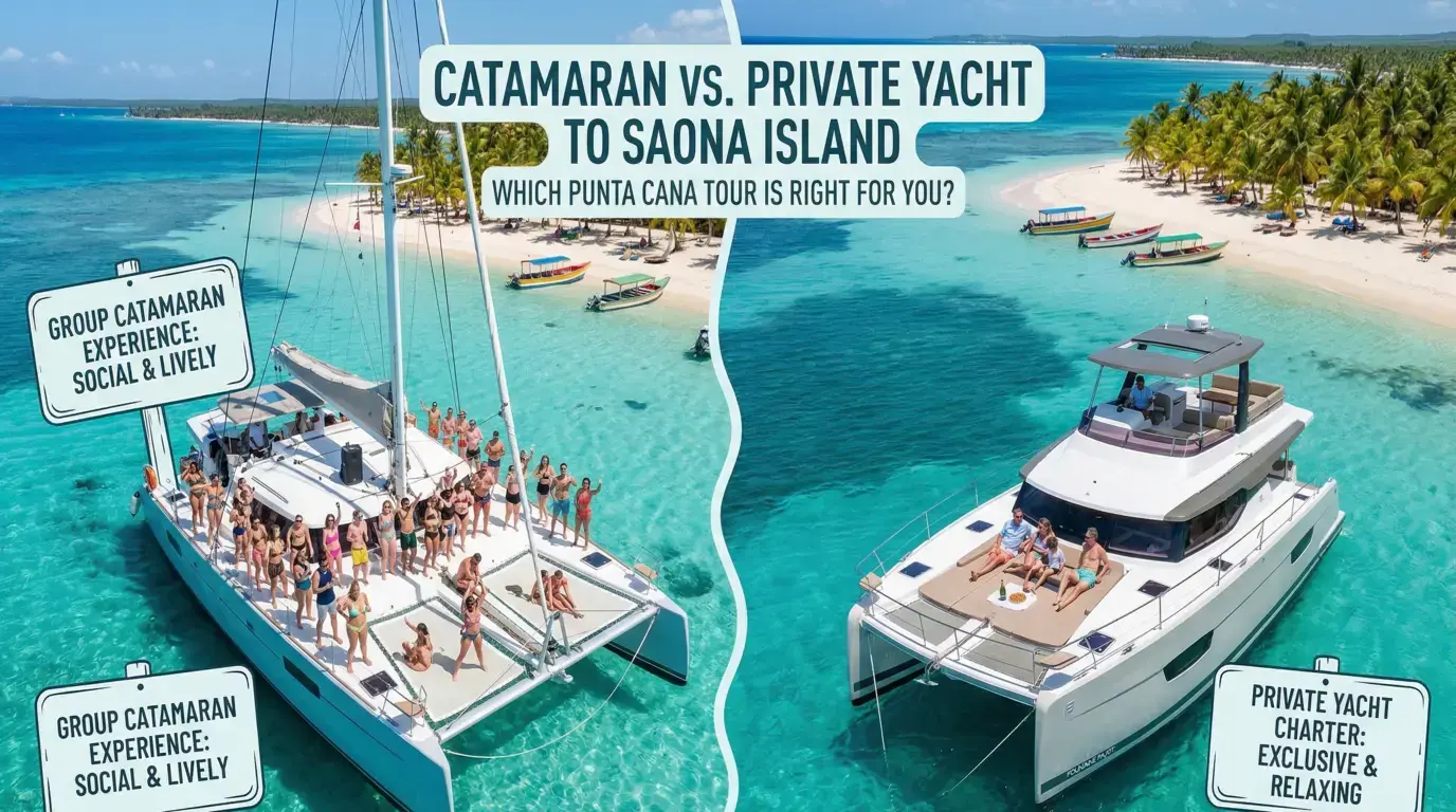 Packed sailing catamaran labeled social and lively beside a motor yacht labeled exclusive and relaxing off Saona Island