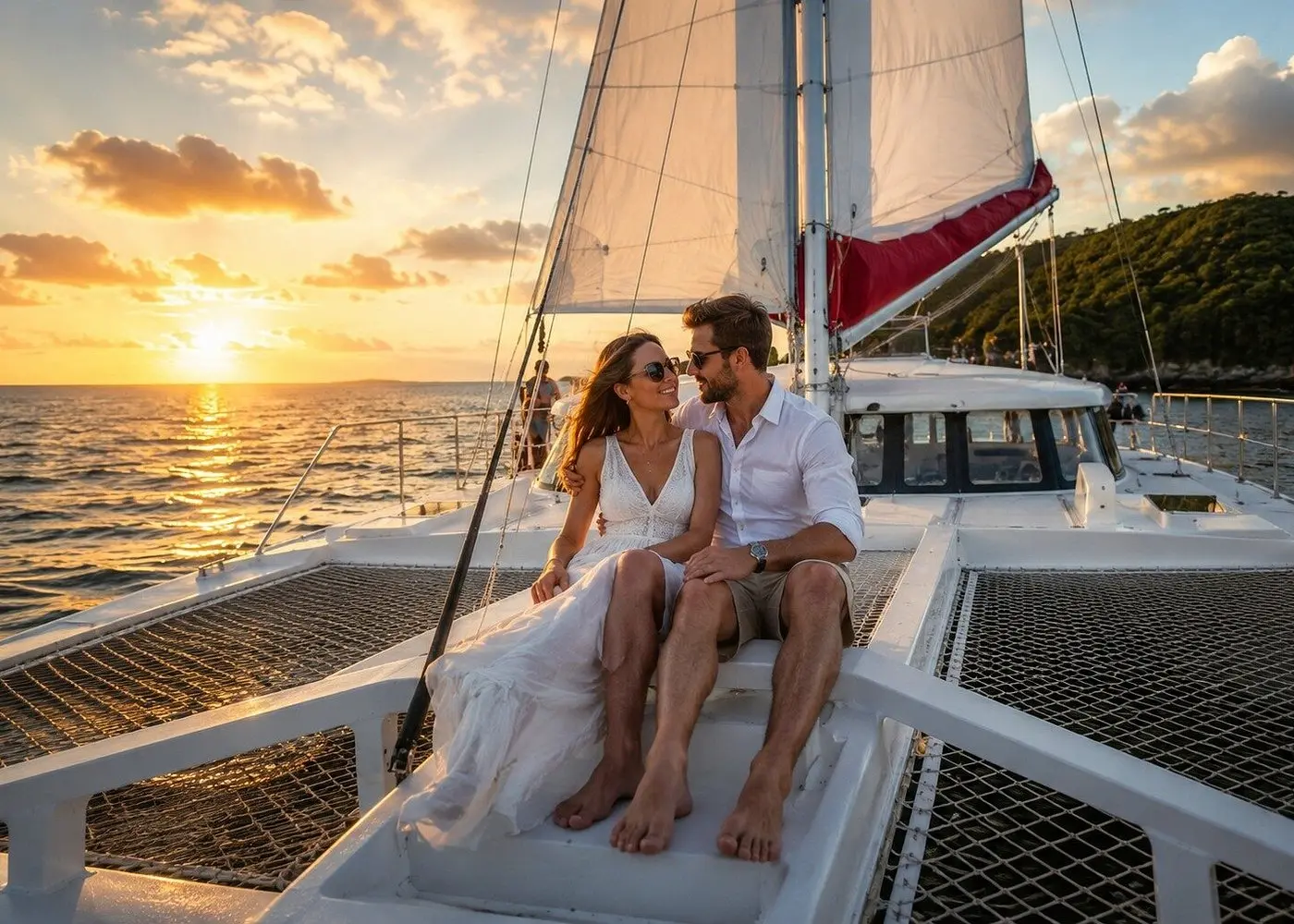 Couple dressed in white sitting together on the catamaran's bow at sunset, sails raised behind them