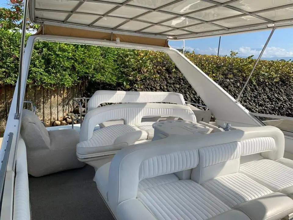 White pleated lounge seats under a shade top on the yacht's flybridge, green hedges beside the boat