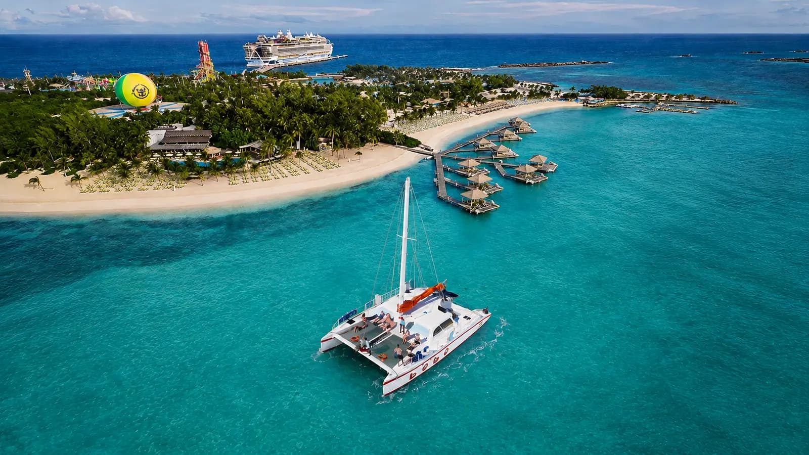 Catamaran in turquoise water by the cruise port beach at Cabo Rojo, Dominican Republic
